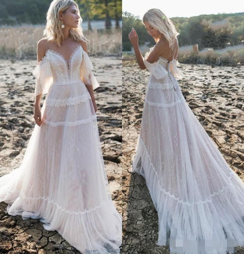 Patchwork Gorgeous Lace Dresses A e Off the Shoulder Spaghetti Straps Short Sleeves Beach Wedding Gown Vestido De Novia