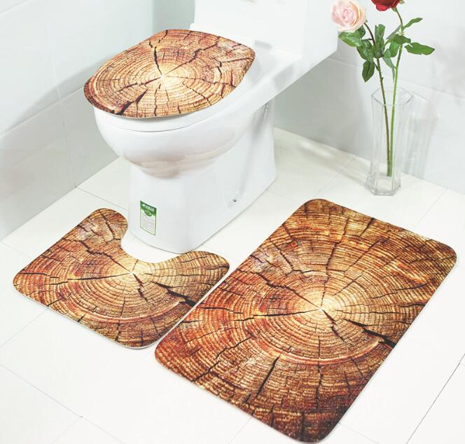 3D Wood Printed Toilet Cover Set Shower Bath Rugs Lid Toilet Cover + Toilet Mat Non Slip Water Absorption Rug