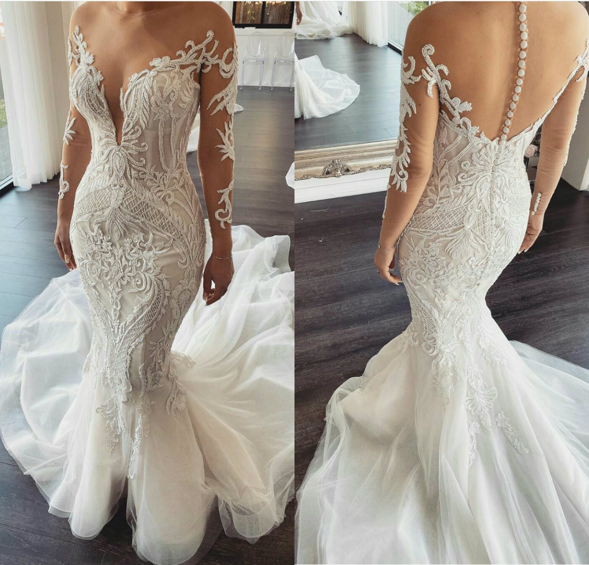 2021 Mermaid Wedding Dresses Jewel Long Sleeves Lace Appliques Bridal Gowns Custom Made Button Back Sweep Train Beach Robe De Soiree, Gold
2021 Mermaid Wedding Dresses Jewel Long Sleeves Lace Appliques Bridal Gowns Custom Made Button Back Sweep Train Beach Robe De Soiree, Gold