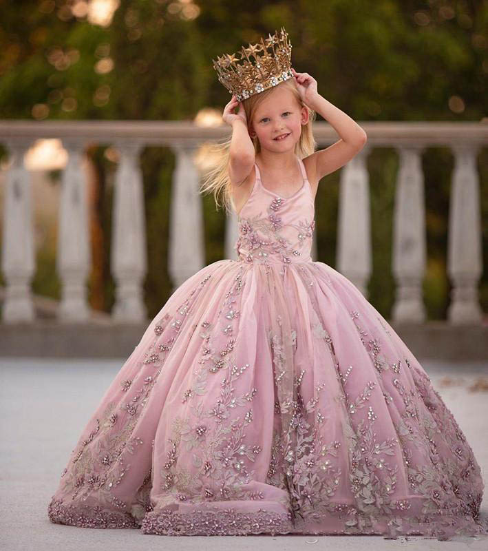 new arrival lace pearls flower girl dresses ball gown spaghetti girls wedding party dress vintage communion pageant gowns