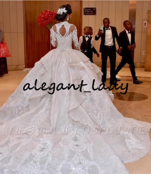 Azzaria Haute Sparkly Wedding Dresses 2020 Luxury Crystal Beaded Lace Applique Ruffles Tiered Cathedral Train Arabic Dubai Wedding Gown