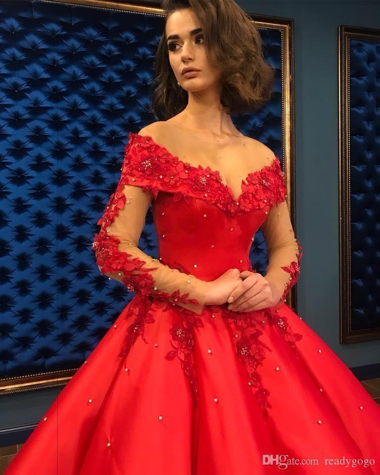 Red Elegant Ball Gown Quinceanera Dresses Lace Applique Off Shoulder Long Sleeve Puffy Skirt Arabic Dubai Evening Gowns Vestidos 15 anos