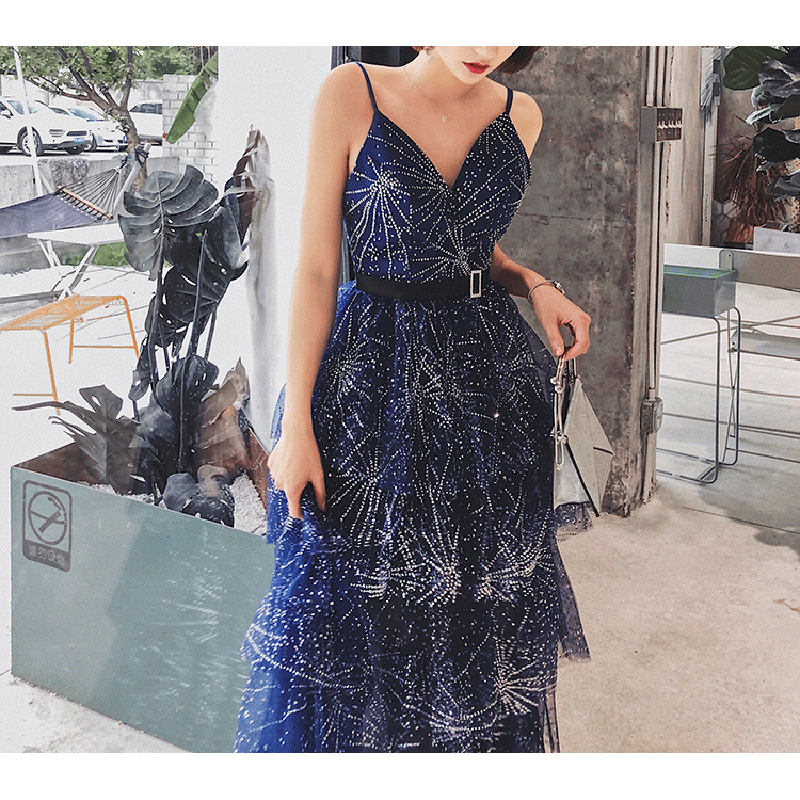 Sexy Backless Royal Blue Prom Dress Layers Tulle Spaghetti Long Prom Dresses