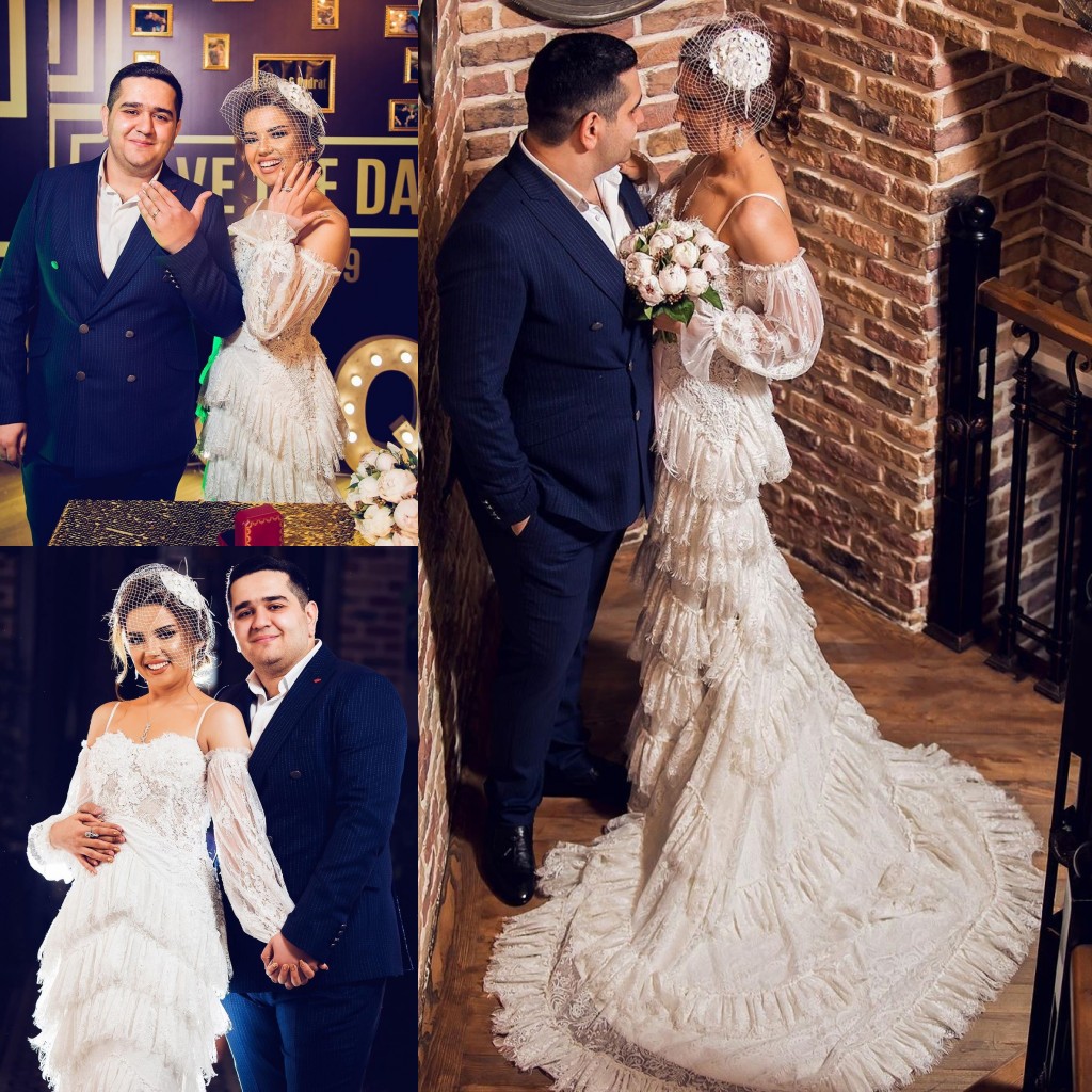 Mermaid Lace Amazing Beaded Wedding Dresses Spaghetti Straps Neck Long Sleeves Bridal Gowns Tiered Tulle Trumpet Robe De Marie