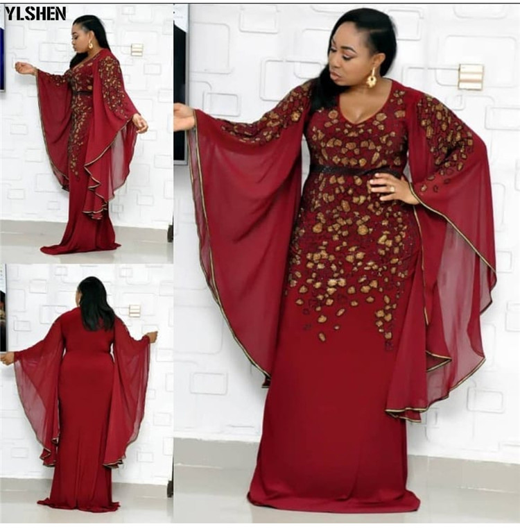 African Dresses for Women Dashiki African Clothes Bazin Broder Sexy Slim Ruffle Sleeve Gold Sequin Embroidery Africa Skirt Dress
