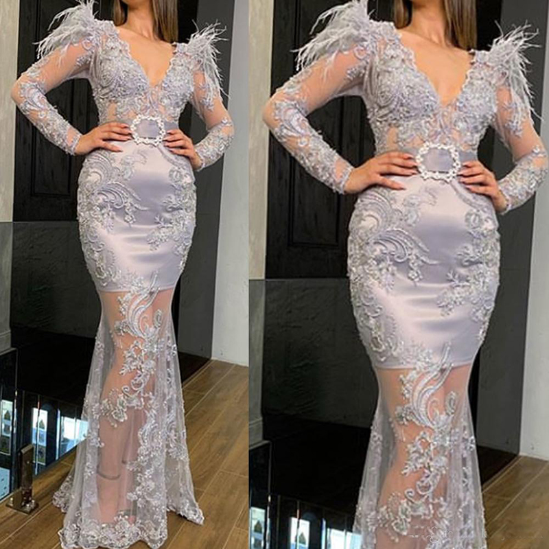Lace Evening Dresses With Feather 2020V Neck Long Sleeves Prom Party Gowns Belt Special Evening Occasion Gowns