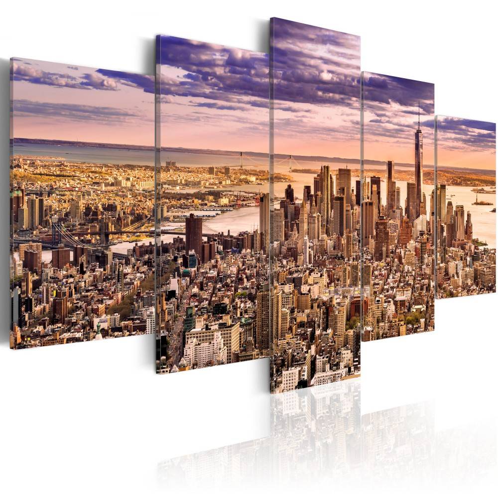 Fashion Wall Art Canvas Painting 5 Pieces Blue Grey Purple New York Architectural Landscape Modern Home Decoration, No Frame