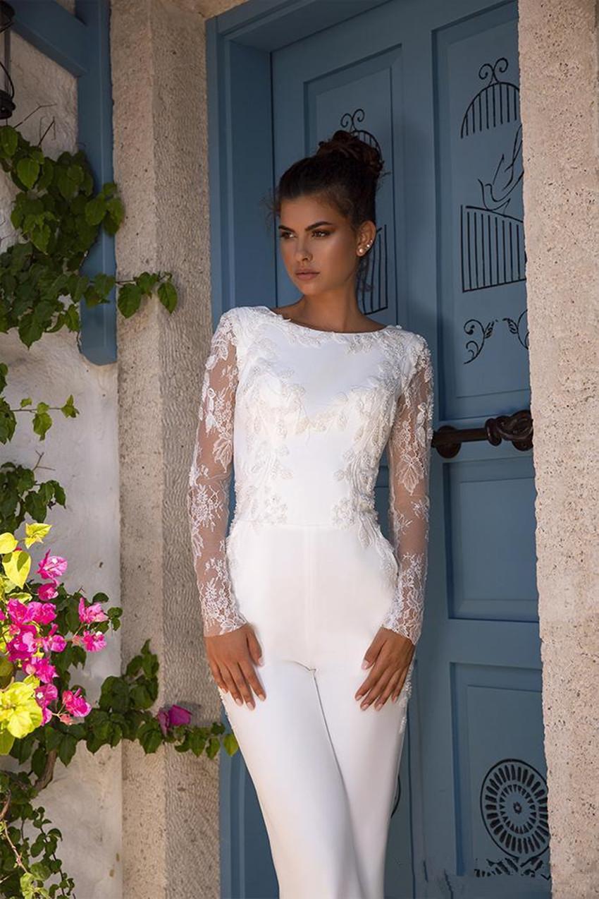 Modest 2020 New Long Sleeve Jumpsuits Wedding Dress With Detachable Train Vestido De Noiva Boho Lace Wedding Dresses Bridal Gowns