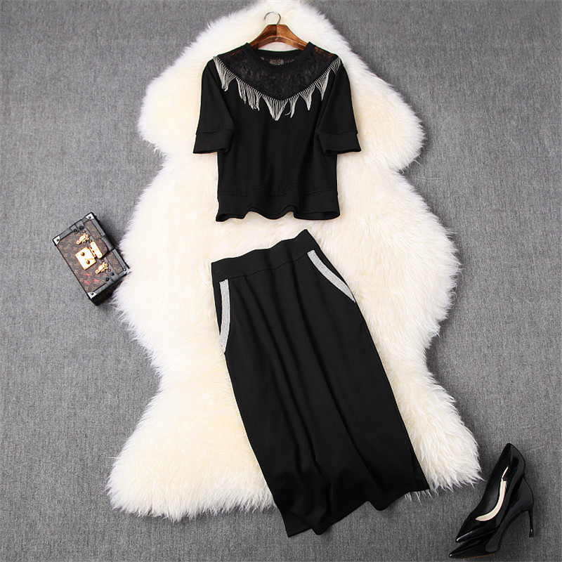 Fashion 2020 Summer 2Piece Set Women High Quality Designers Short Sleeve Lace Patchwork Beading Tassel Top and Skirt Suit Sets, Black 
Fashion 2020 Summer 2Piece Set Women High Quality Designers Short Sleeve Lace Patchwork Beading Tassel Top and Skirt Suit Sets, Black