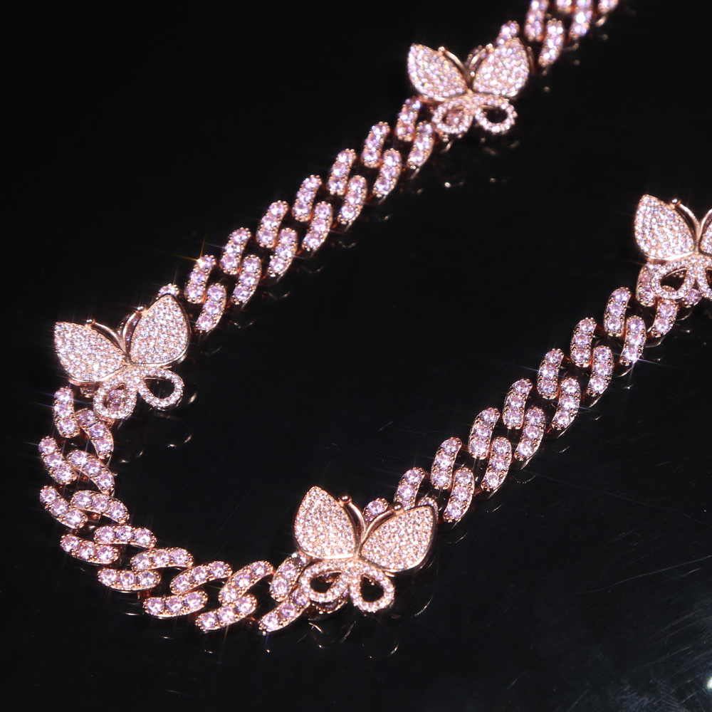 12mm New fashion Sparking iced out bling cz Miami cuban link chain Butterfly choker Necklaces for women Men Hip Hop Jewelry