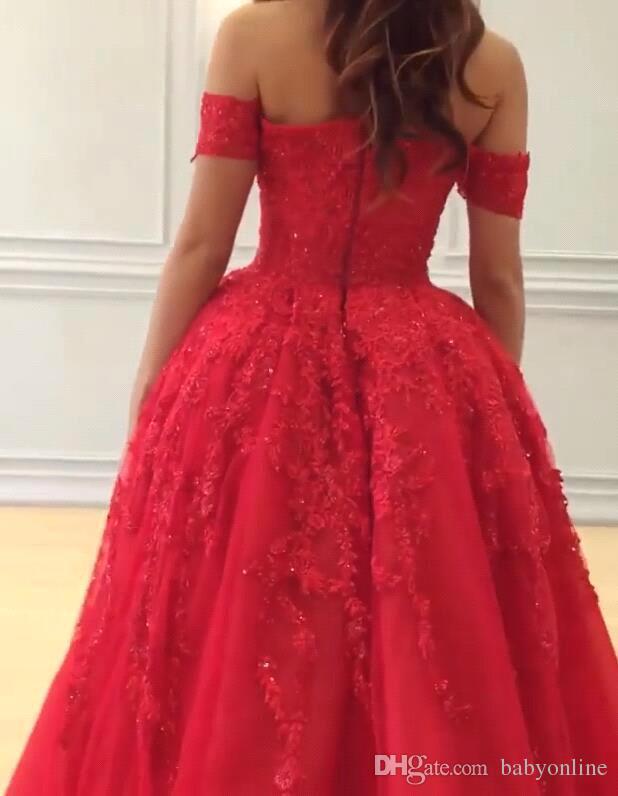 Gorgeous Red Arabic Formal Evening Dresses Off Shoulders A Line Tulle Lace Appliqued Beaded Prom Dress Red Carpet Dress Wear Custom Made
