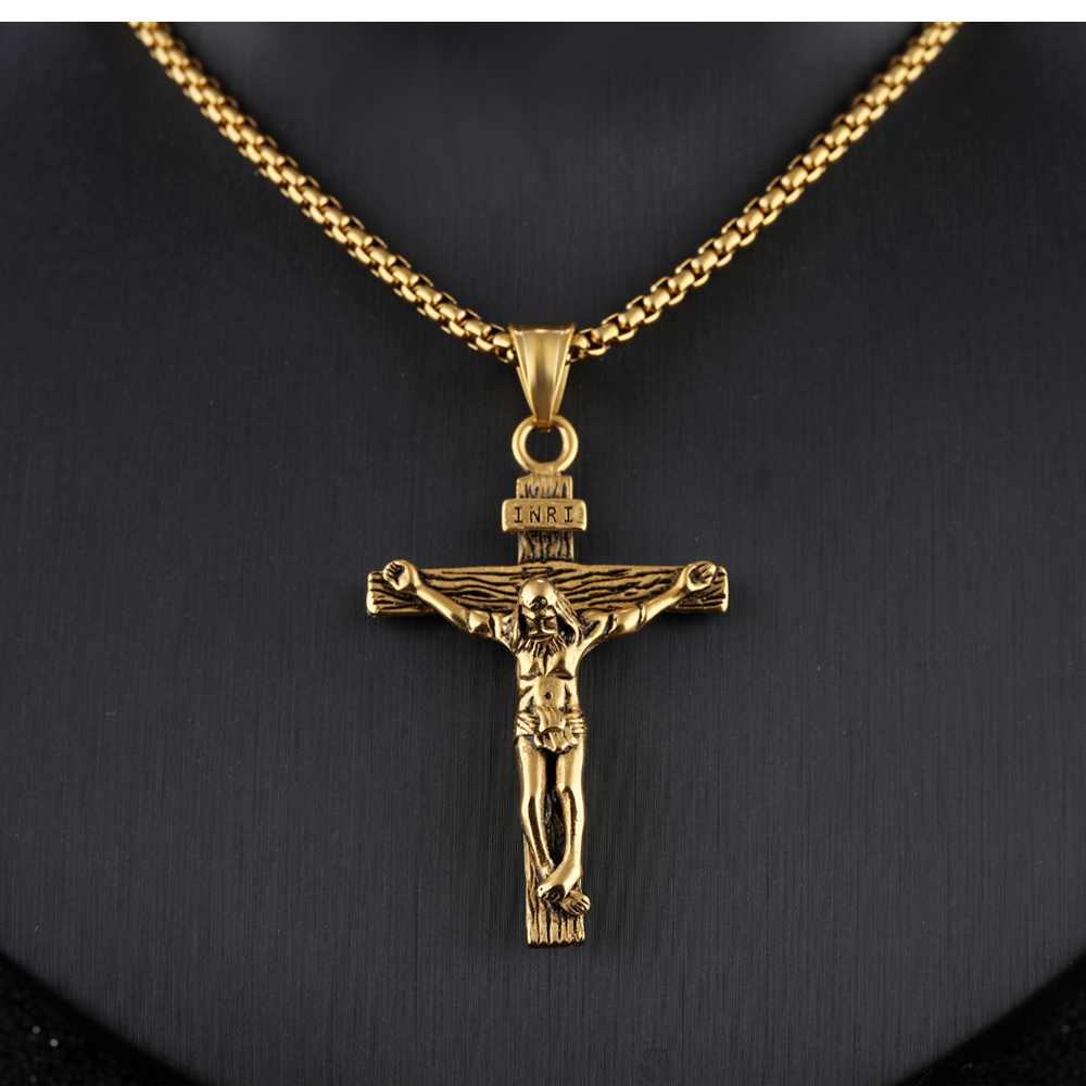 High Quality Jesus Cross Pendant Necklace Gold/Black Gun Plated Stainless Steel Fashion Religious Jewelry for Women Men Faith Necklace