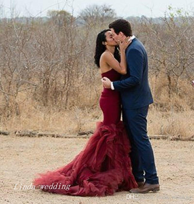 2019 Burgundy Mermaid Wedding Dresses Wine Red Strapless Backless Long Bridal Party Gowns Plus Size vestidos de novia sirena