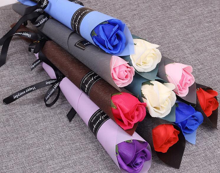 Artificial Soap Rose with Craft paper package Ribbon Romantic Soap Flower for Valentine's Day Wedding Party Decoration