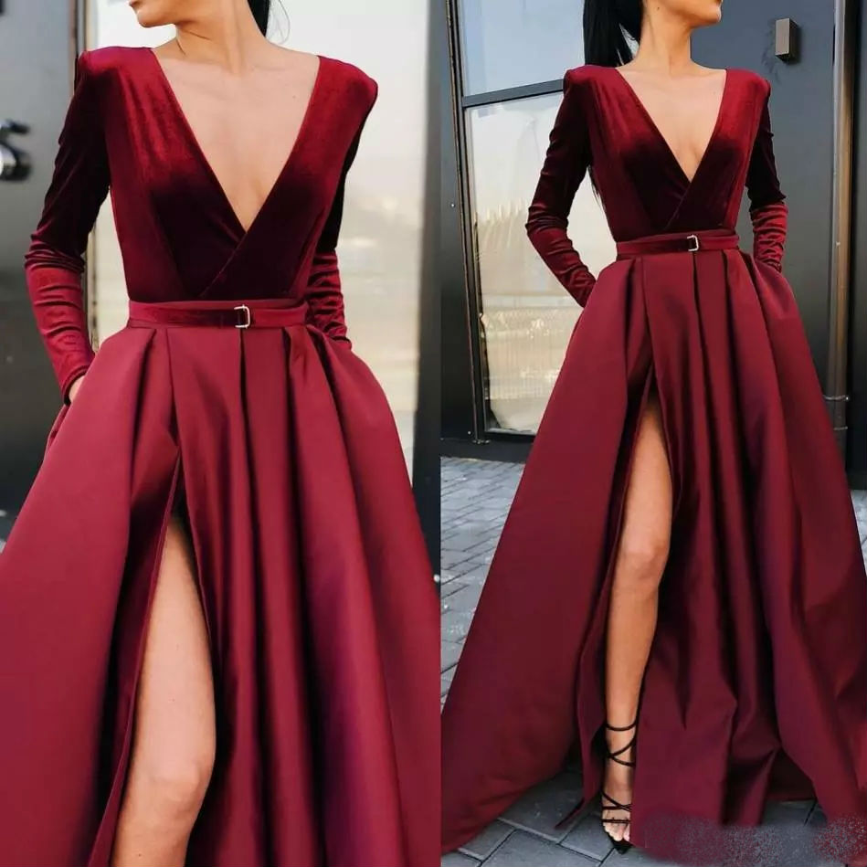 Burgundy Long Sleeve Prom Dresses 2019 Spring V Neck Side Split Evening Gowns Formal Party Dresses Custom Made