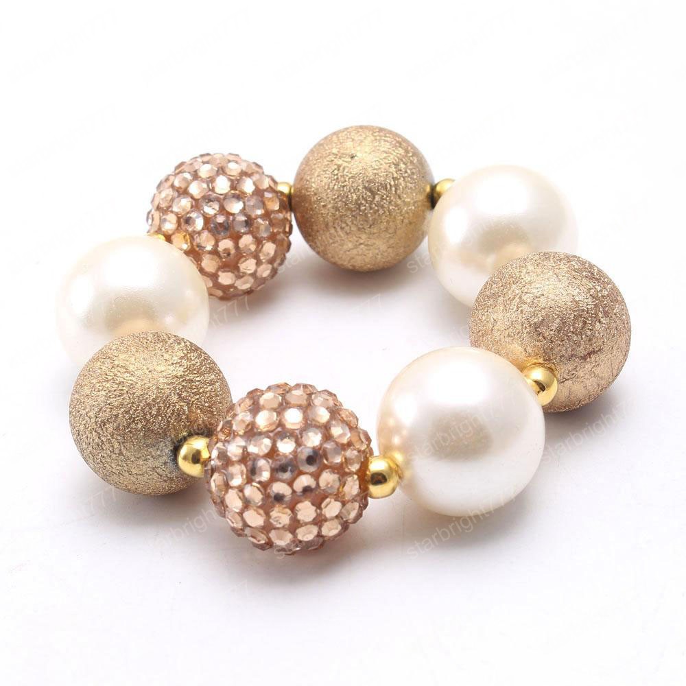 Newest Gold+Beige Color Baby Kid Chunky Necklace&Bracelet Set Fashion Bubblegum Beads Chunky Necklace Jewelry Set For Children Gilr