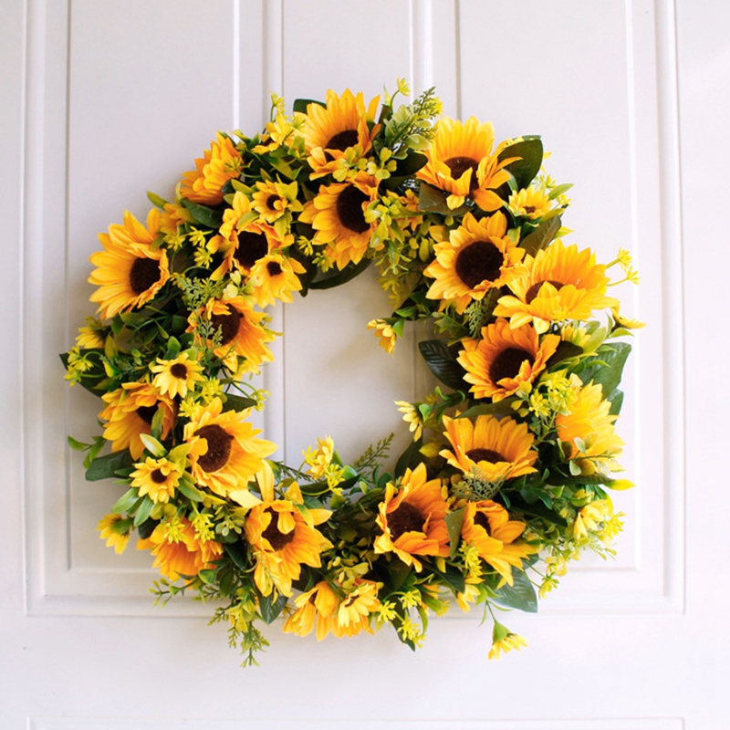 Artificial Sunflower Summer Wreath-16 Inch Decorative Fake Flower Wreath With Yellow Sunflower And Green Leaves For Front Door I