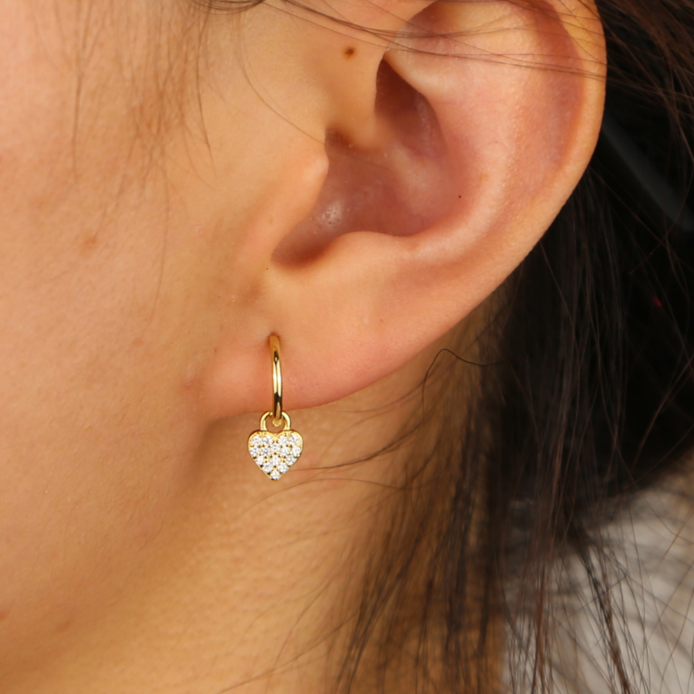 high quality fine 925 sterling silver circle hoop with micro pave cz heart charm dangle earring