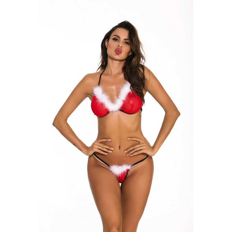 Women Multi-color Red Mesh Seductive Bikini Christmas Costume with White Fuzzy Trim Swimwear Cosplay Set Sexy Santa Intimate Apparel S-XXL