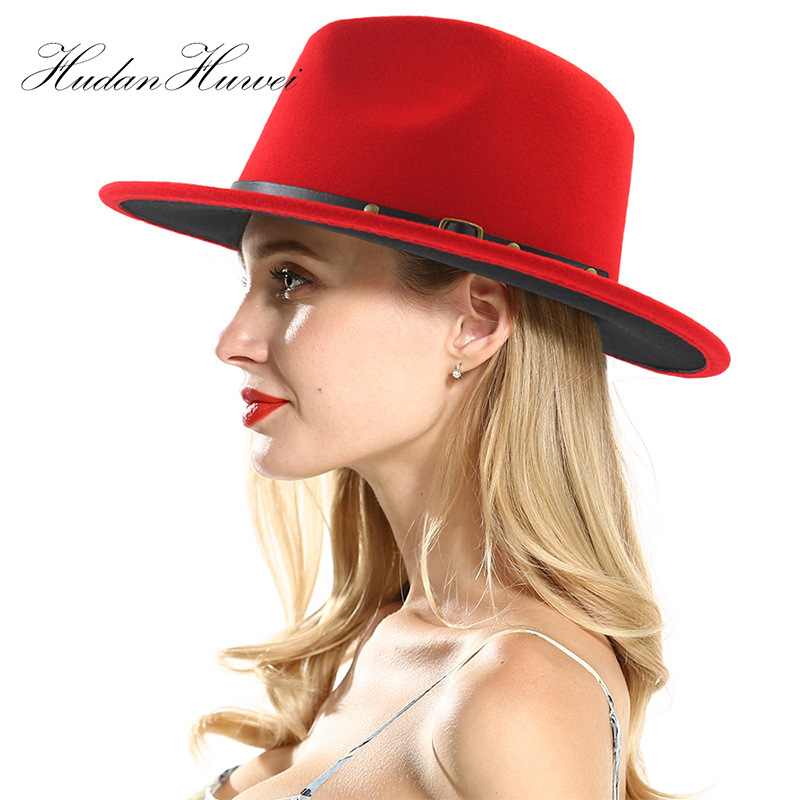 Unisex Flat Brim Wool Felt Fedora Hats with Belt Red Black Patchwork Jazz Formal Hat Panama Cap Trilby Chapeau for Men Women T200118
Unisex Flat Brim Wool Felt Fedora Hats with Belt Red Black Patchwork Jazz Formal Hat Panama Cap Trilby Chapeau for Men Women T200118