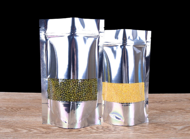 100pcs Stand up Glossy Silver Window Zip Lock Bag Resealable Plastic Sugar Snack Meat Coffee Kitechen Supplies X-mas Biscuits Heat Sealing Storage Pou