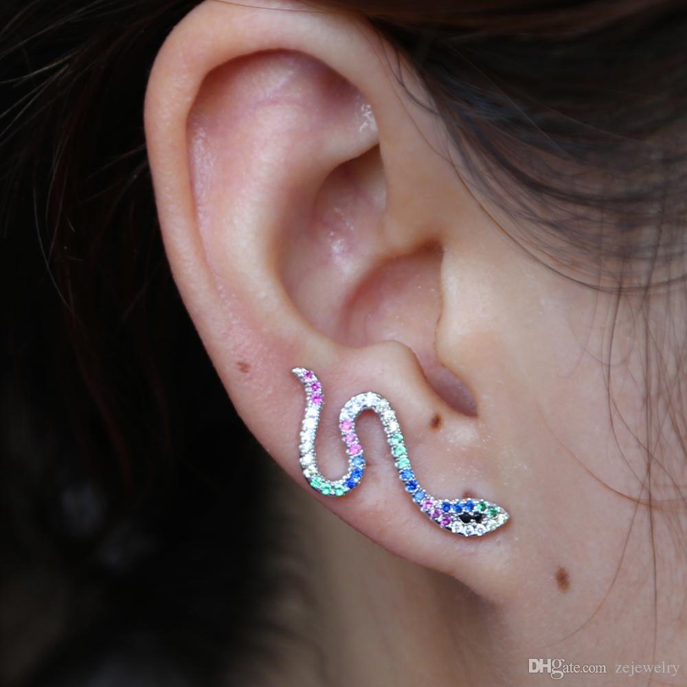2018 New european jewelry earring for lady girl colorful micro pave cubic zirconia rainbow ear climber snake shaped fashion CZ earrings