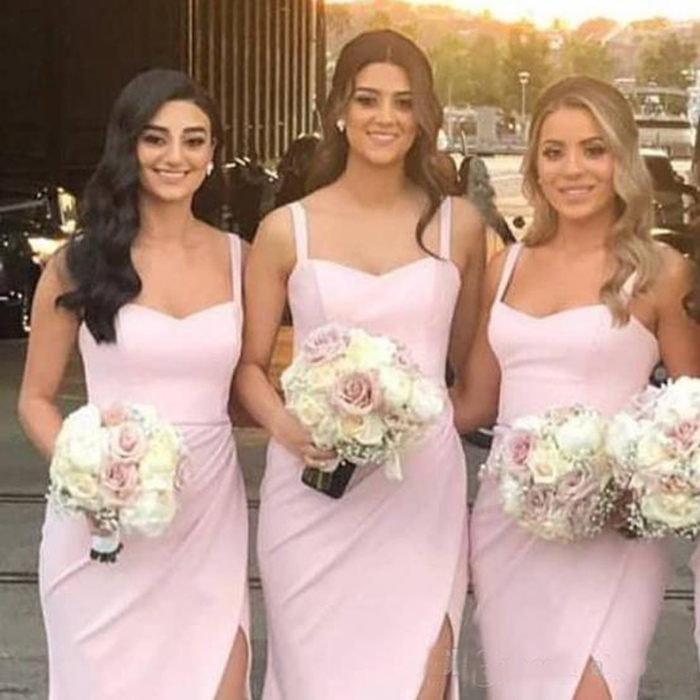 Pink Long Bridesmaid Dresses Spaghetti Straps Side Split Formal Prom Dress Wedding Maid Of Honor Gowns Plus Size