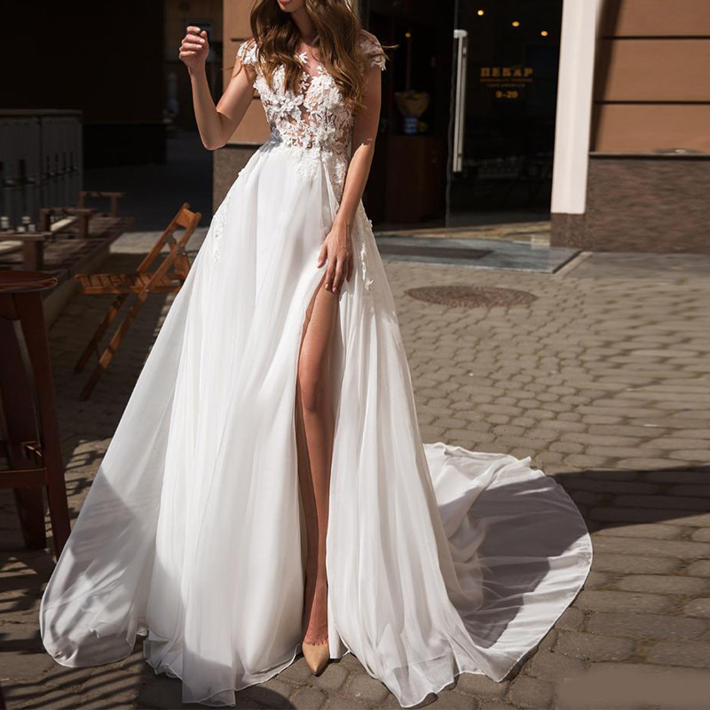 2020 Newest Fashion Lace Chiffon A Line Wedding Dresses Jewel Neck Cap Sleeve Summer Beach Bridal Gown Backless Side Split Vestidos