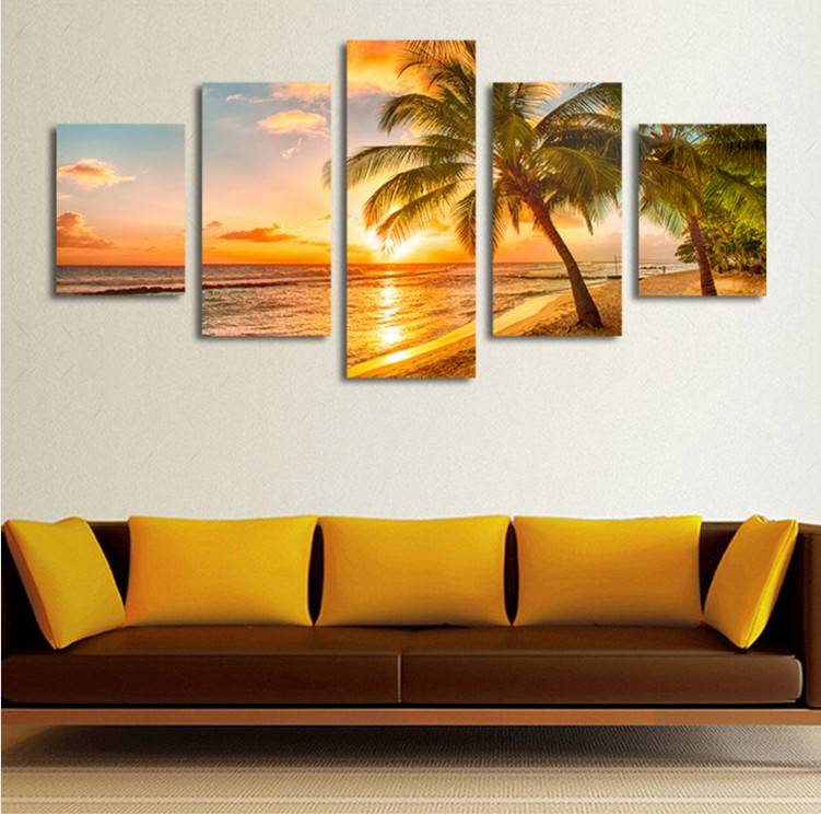 5pcs/set Unframed Coconut Sunset Glow Wall Art Oil Painting On Canvas Fashion And Impressionist Textured Paintings Home Picture