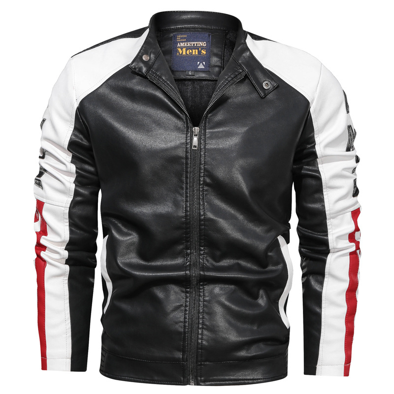 Mens Leather Jackets, Casual Patchwork Stand Collar Zipper Coats B1
