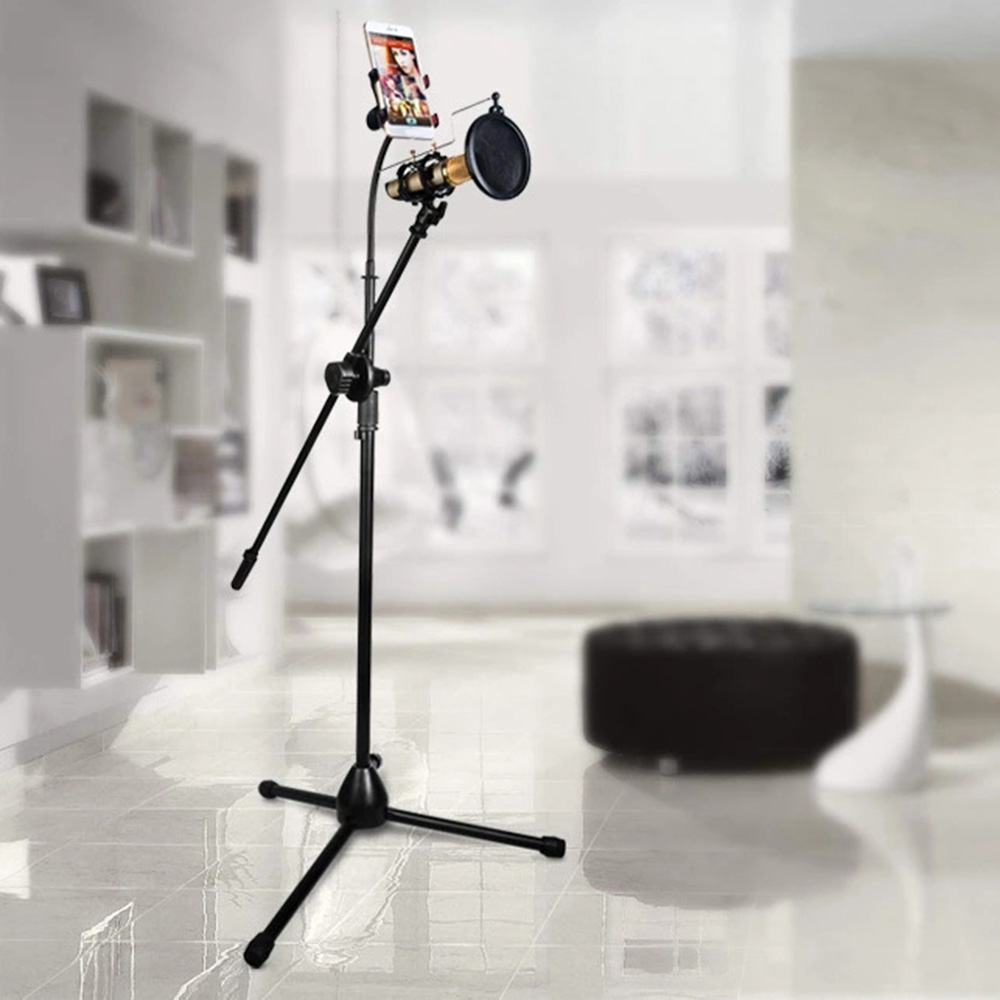 Tripod Microphone Stand Bracket Supporter W/ Shock-proof Mount Mic Pop Filter Mobile Phone Holder for Podcast Broadcast Chatting