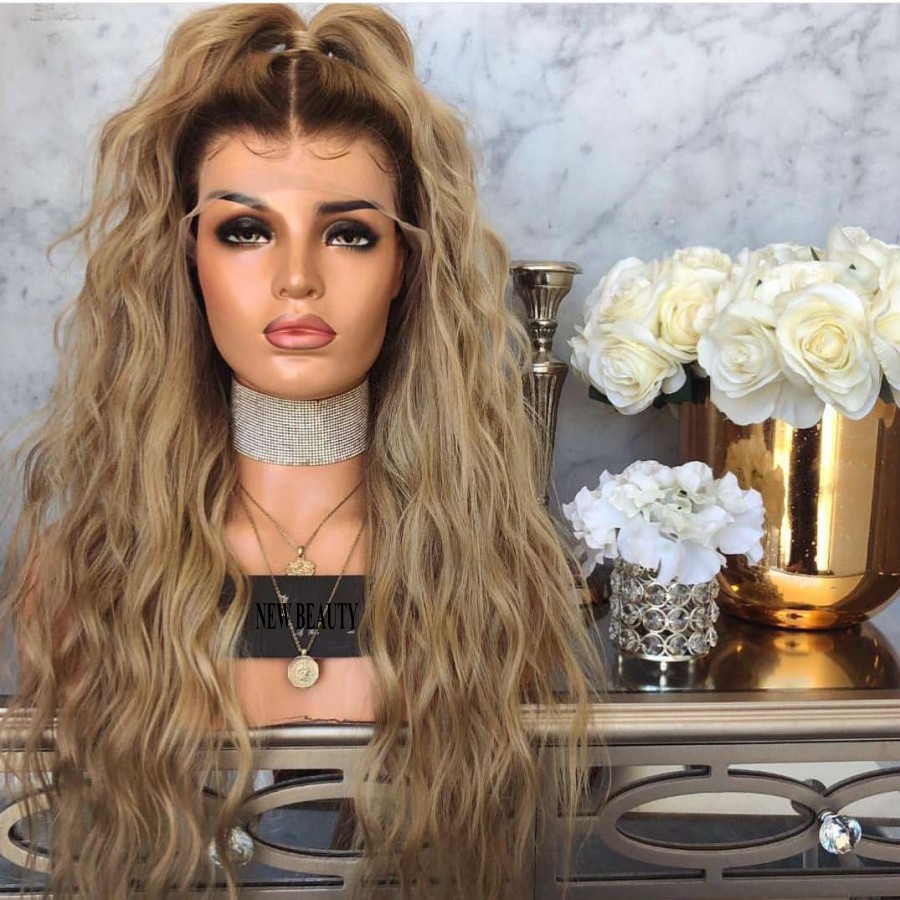 Hand Tied water Wave Ombre Blonde Brown Hair Roots brazilian Hair Wigs cosplay ash blonde Synthetic Lace Front Wigs for Women