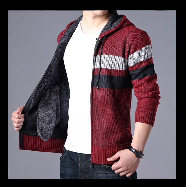Sweater Coat Men Winter Thick Fleece Hooded Cardigan Jumpers Men Striped Wool Zipper Coats Casual Knit Sweater Outerwear V191022