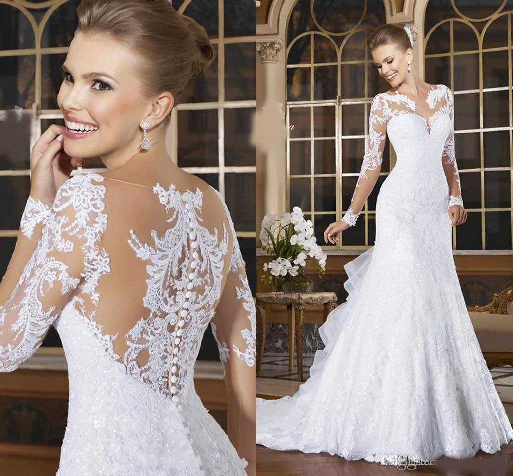 2020 Spring Vestidos De Noiva Mermaid Wedding Dresses Long Exquisite Sequins Lace Bridal Gowns Sheer Crew Neck Long Sleeves Button Back