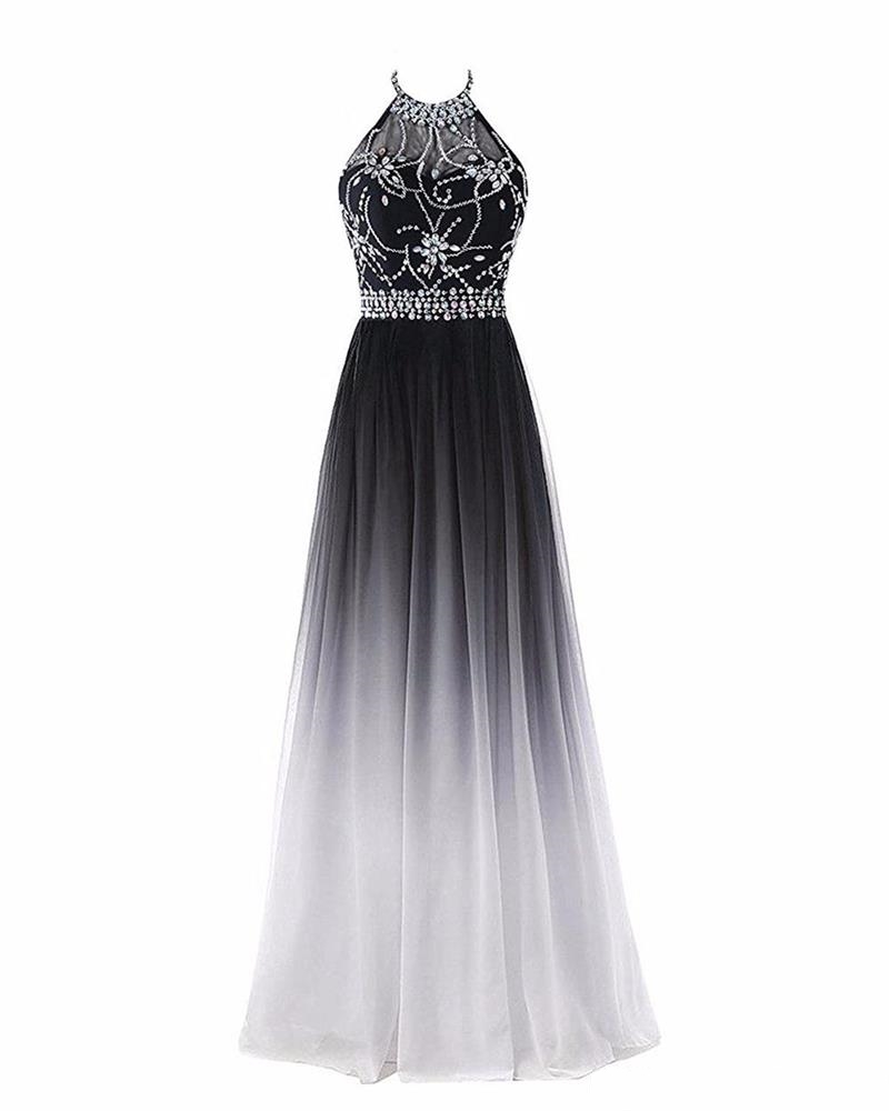 Sexy Halter Gradient Prom Dresses With Long Chiffon Plus Size Ombre Evening Party Gowns Beaded Formal Party Wear Gown Lace-up Back