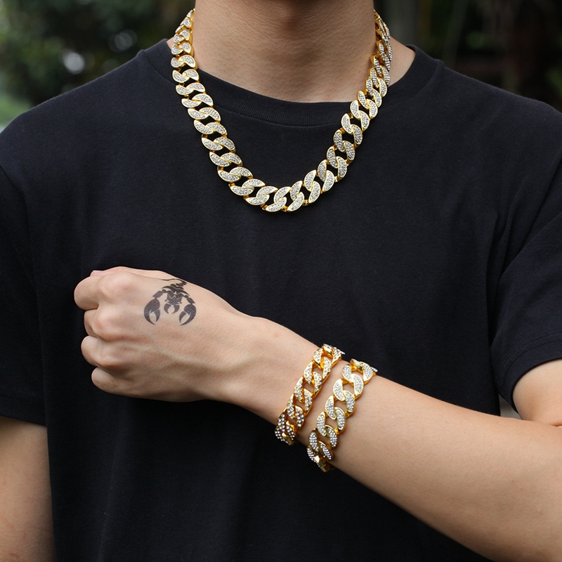 Hip Hop Bling Chains Jewelry Men Gold Bracelets Necklace Iced Out Miami Cuban Link Chain