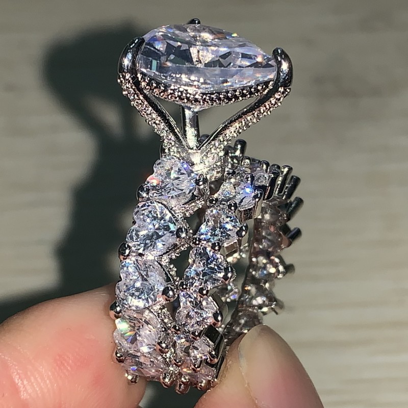 Size 5-10 Vintage Fashion Jewelry 925 Sterling Silver Heart Shape White Topaz CZ Diamond Gemstones Women Party Wedding Bridal Ring Set Gift