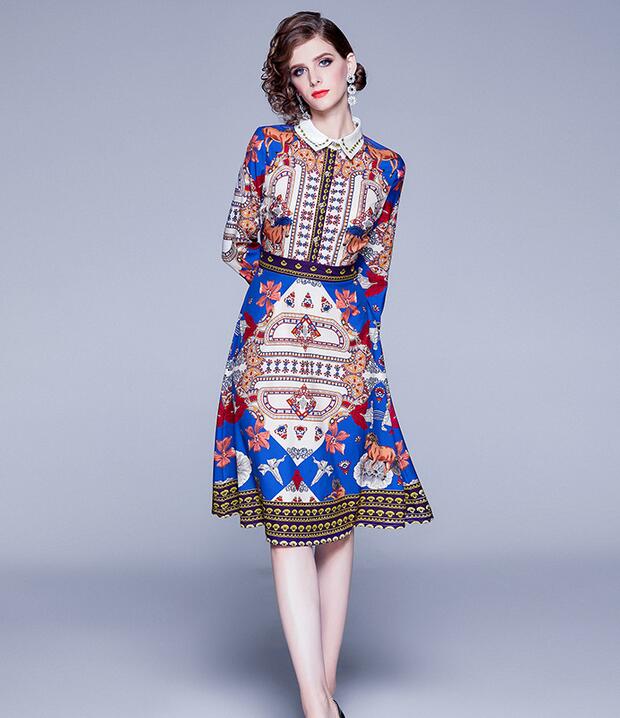 Spring new slim fit dress lapel seven-point sleeves printed skirt retro skirt explosion models, Multi
Spring new slim fit dress lapel seven-point sleeves printed skirt retro skirt explosion models, Multi