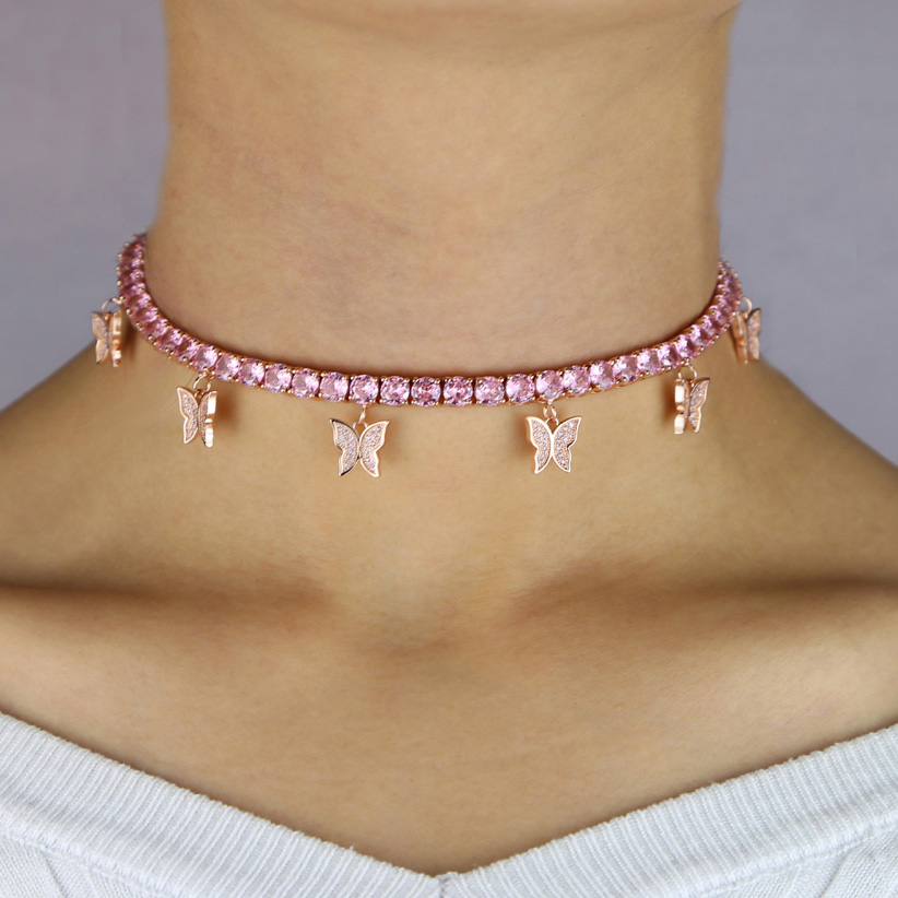 hot selling women hip hop chokers chain butterfly necklace iced out tennis chain micro pave bling pink clear cz punk animal necklace