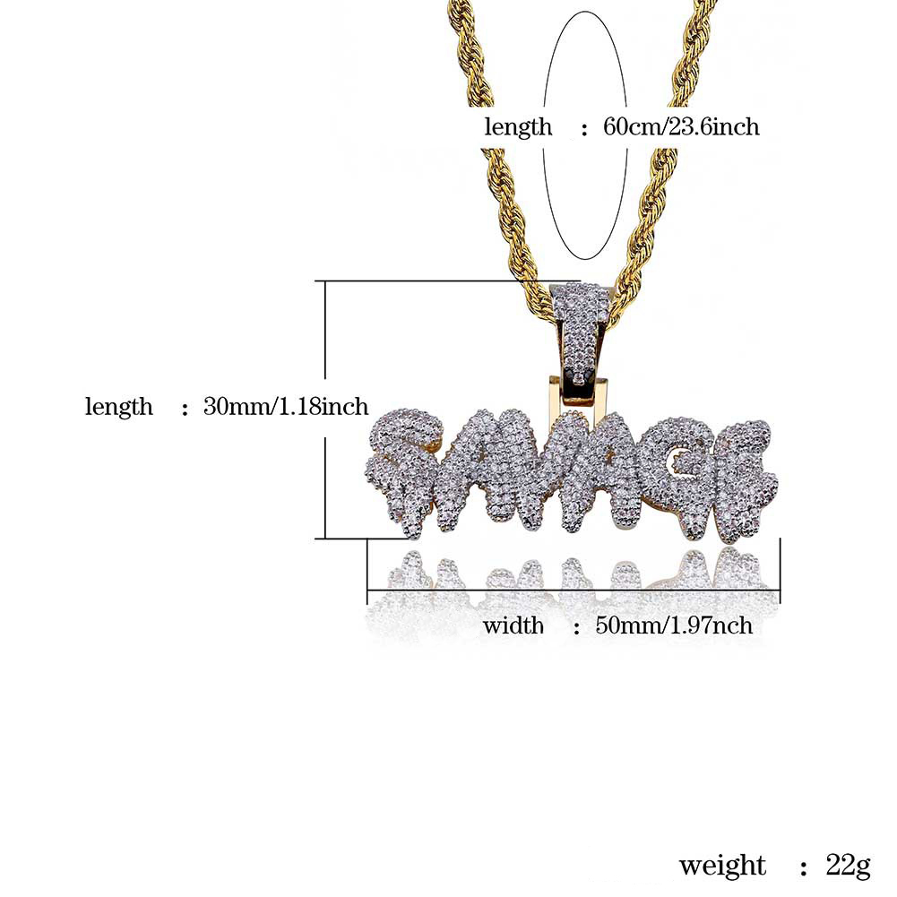 Mens Hip Hop Jewelry New Fashion Bling Letter SAVAGE Pendant Necklace with Silver Gold Twist Chain