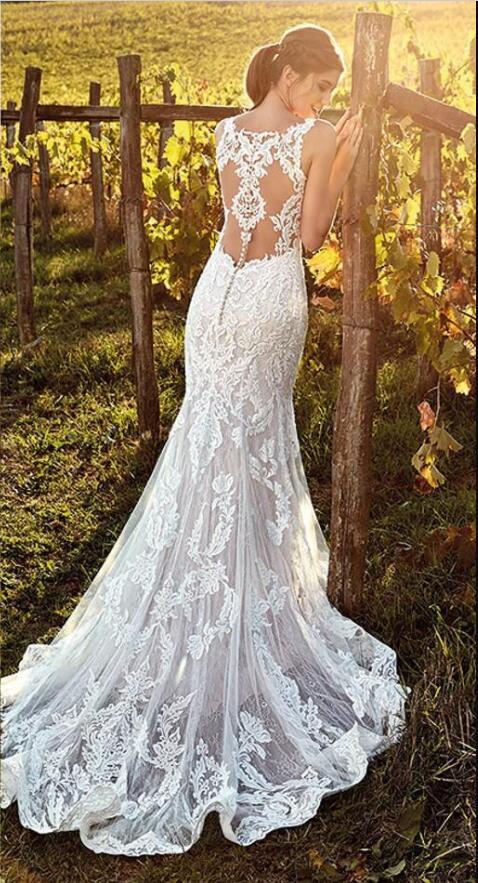 2020 Elegant lace Straps Deep V Neck Lace Mermaid Wedding Dresses Full Lace Tulle Summer A -line Wedding Bridal Gowns Illusion Back