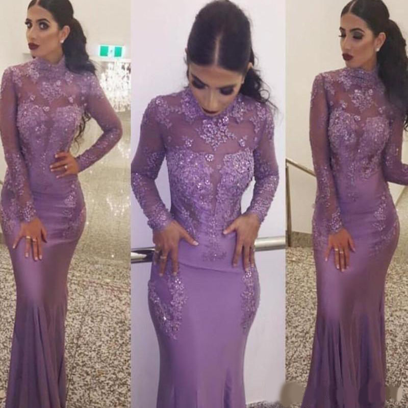 2020 New Arrival Lavender Long Sleeves Evening Dress Appliques Lace Illusion Formal Holiday Wear Prom Party Gown Custom Made Plus Size