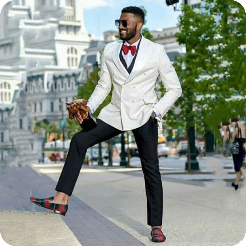 New Design Double-Breasted Ivory Wedding Men Suits Peak Lapel Three Pieces Business Groom Tuxedos (Jacket+Pants+Vest+Tie) W1154