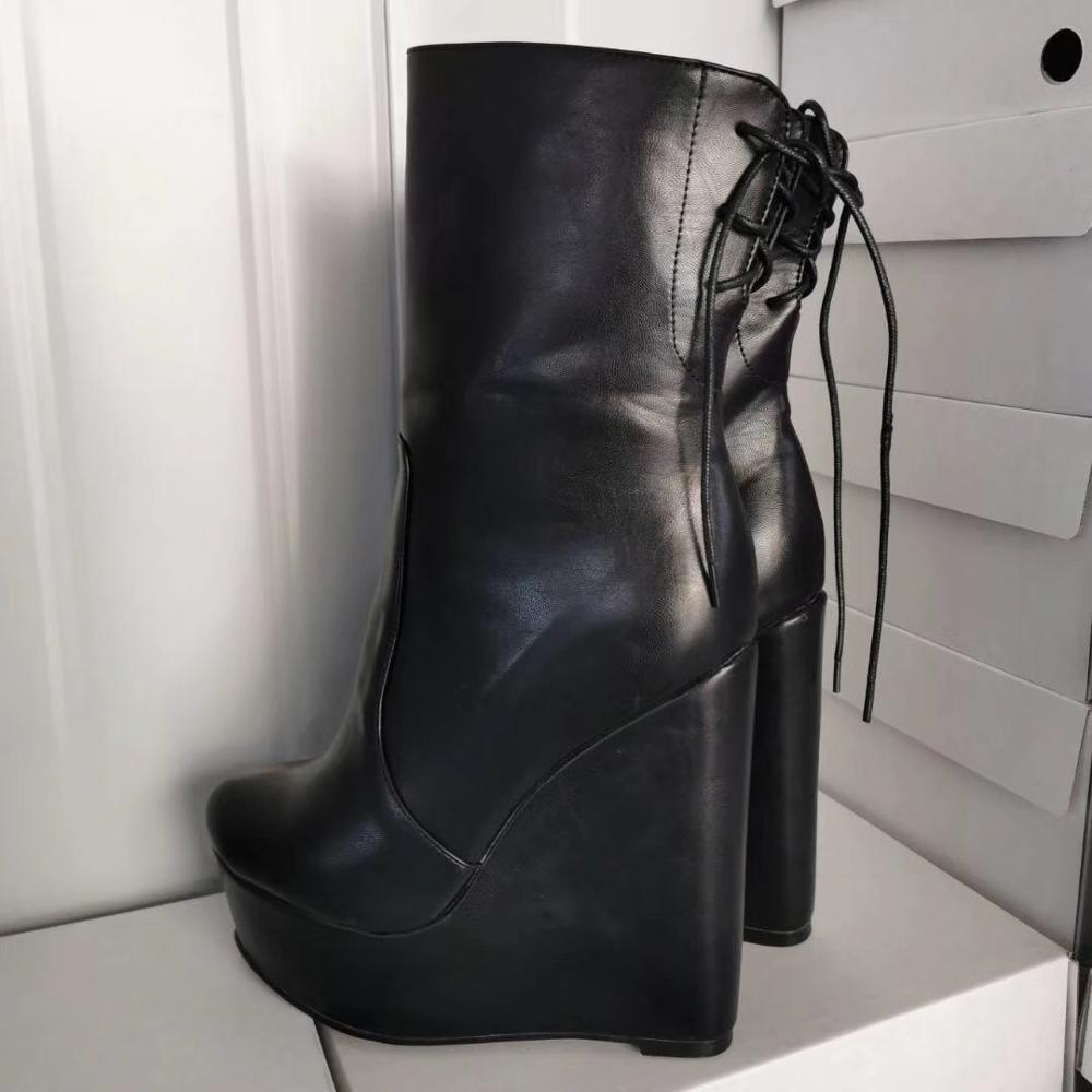 Rontic Handmade Women Winter Platform Ankle Boots Wedges High Heels Boots Round Toe Black Evening Shoes Women Plus US Size 5-20