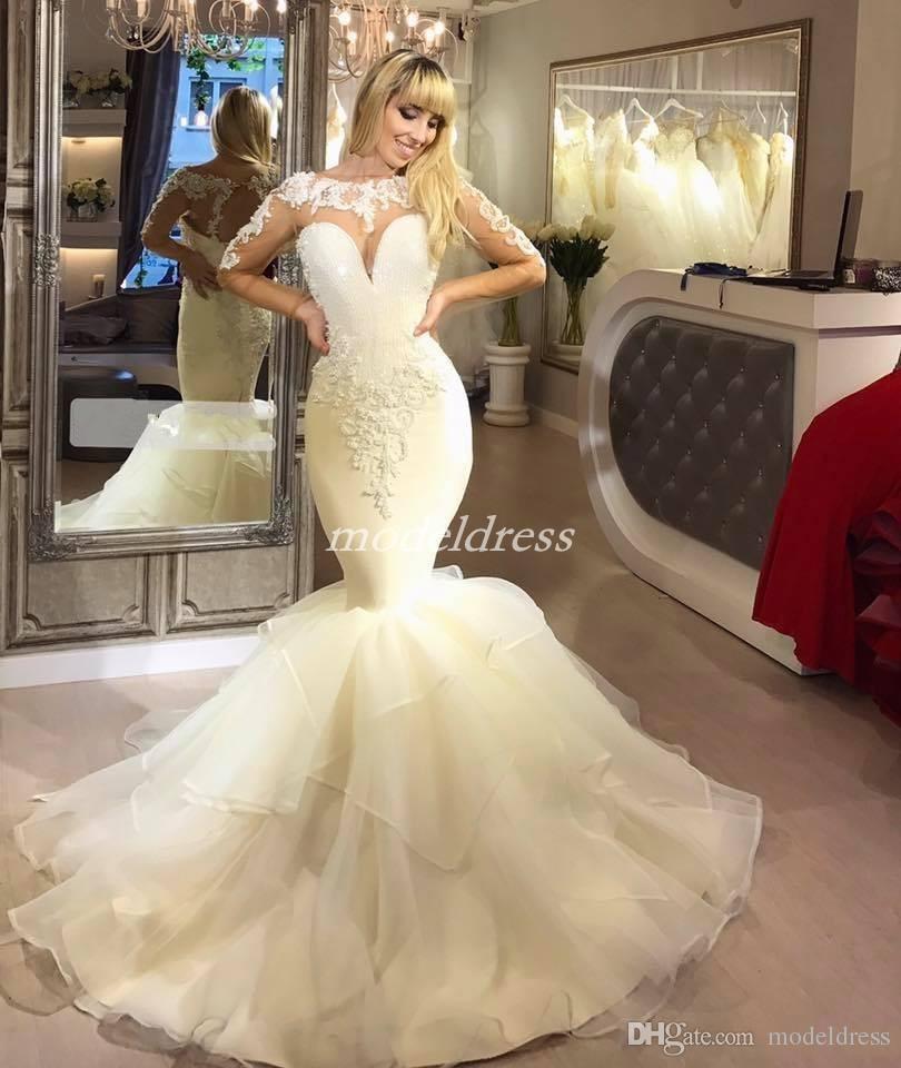 Dubai Sparkly Mermaid Wedding Dresses Long Sleeve Illusion Bodice Major Bridal Gowns Beading Cascading Ruffles Country Wedding Dress