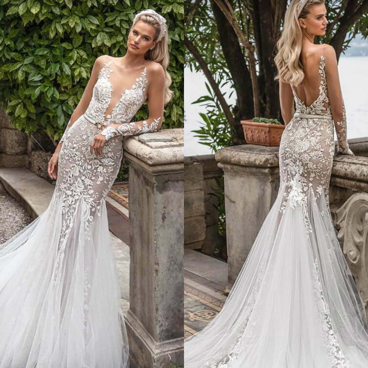 Julie Vino Mermaid Dresses Deep V Neck Sexy Illusion Long Sleeves Beach Wedding Gowns Lace Sequined Backless Vestido De Novia 0505 0505