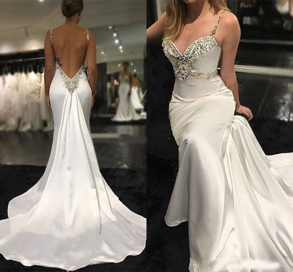 Sexy Backless Crystals Beaded Bridal Dress Sweep Train Beach Wedding Gowns Cheap Modern Spaghetti Mermaid Wedding Dresses