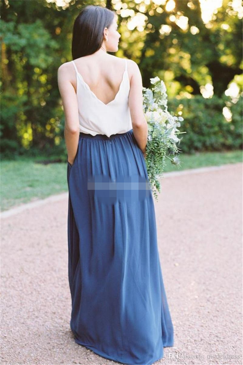 Blue Cheap White Bridesmaid Dresses Spaghetti Straps Scalloped Or Length Hot Sale Beach Wedding Maid Of Honor Gown Party Formal Wear