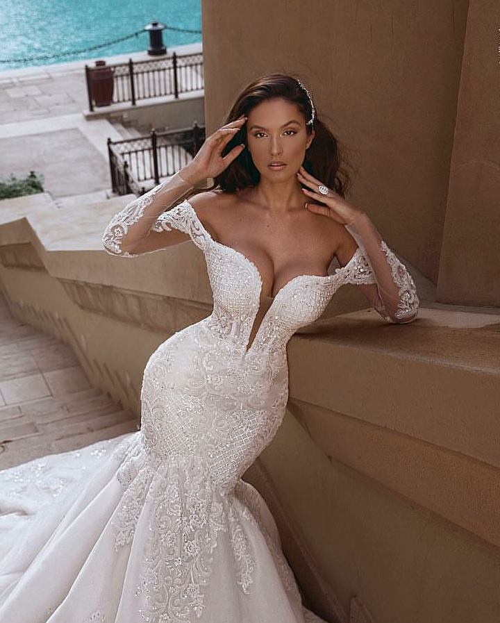 Said Mhamad 2019 Mermaid Wedding Dresses Off Shoulder Lace Long Sleeve Plus Size Wedding Dress Sweep Train Sequins Beach Bridal Gowns