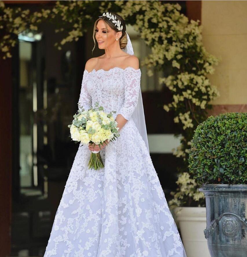 2020 vintage Wedding Dresses With Lace Appliques Scalloped Neckline 3/4 Sleeve A line court Train Elegant Plus Size Bridal Gowns For Women